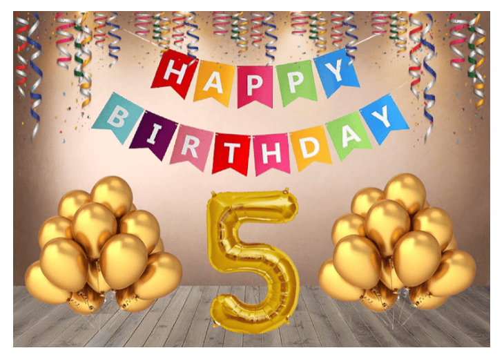 Blooms Mall | Blooms  Mall  1 set Happy Birthday Banner (Multi color  Banner ), 30 Pcs Metallic Balloons  (Gold),5 No. Foil Number ( Golden ) 0