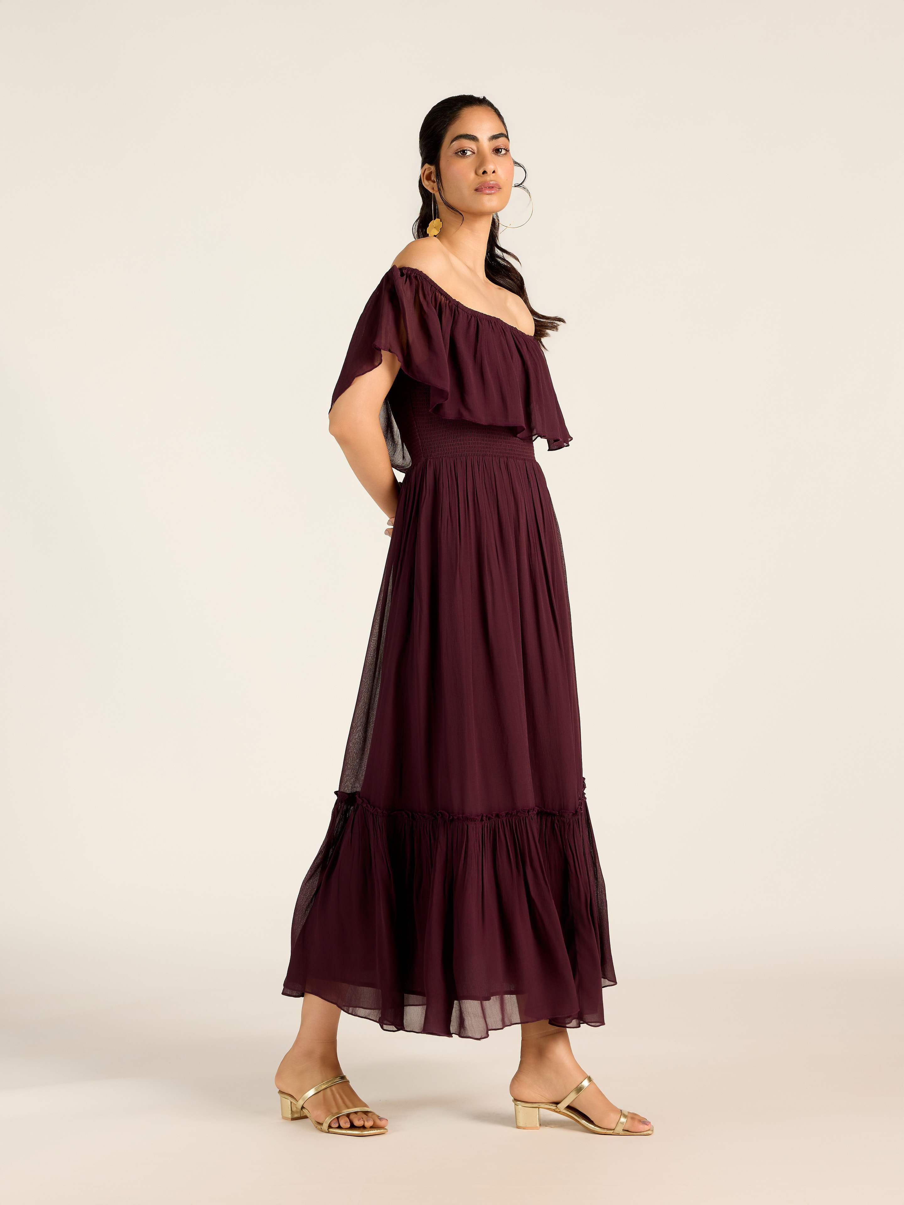 BROWN MARGO OFF-SHOULDER LONG DRESS