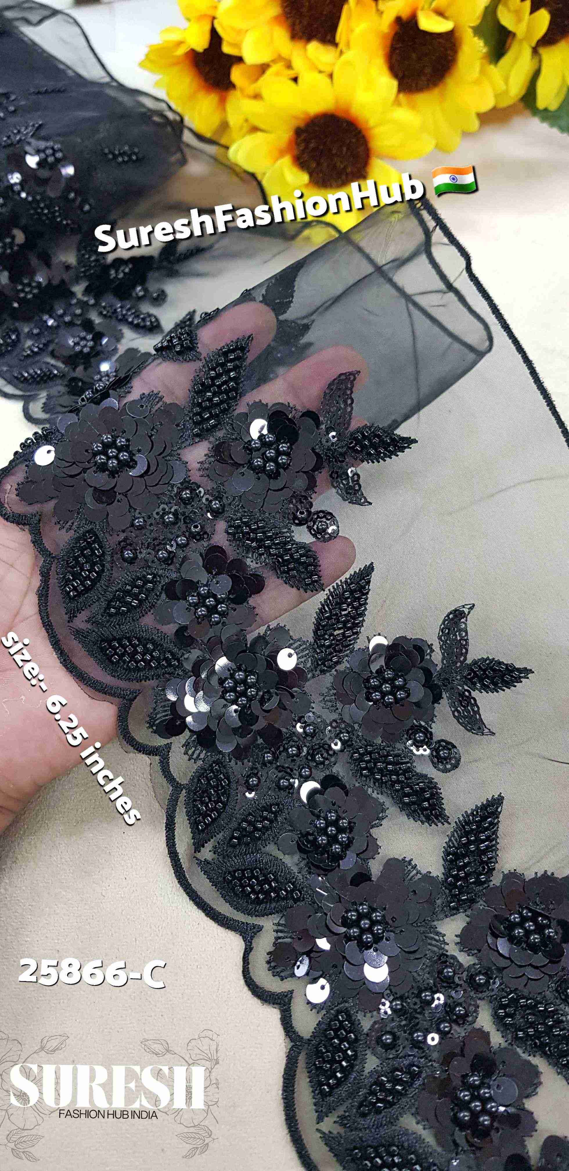 Black Imported Floral Scallop Organza Lace
