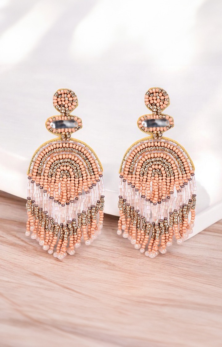 Boho Chic Beaded Dangle Earrings - Peach and Gold Statement Jewellery