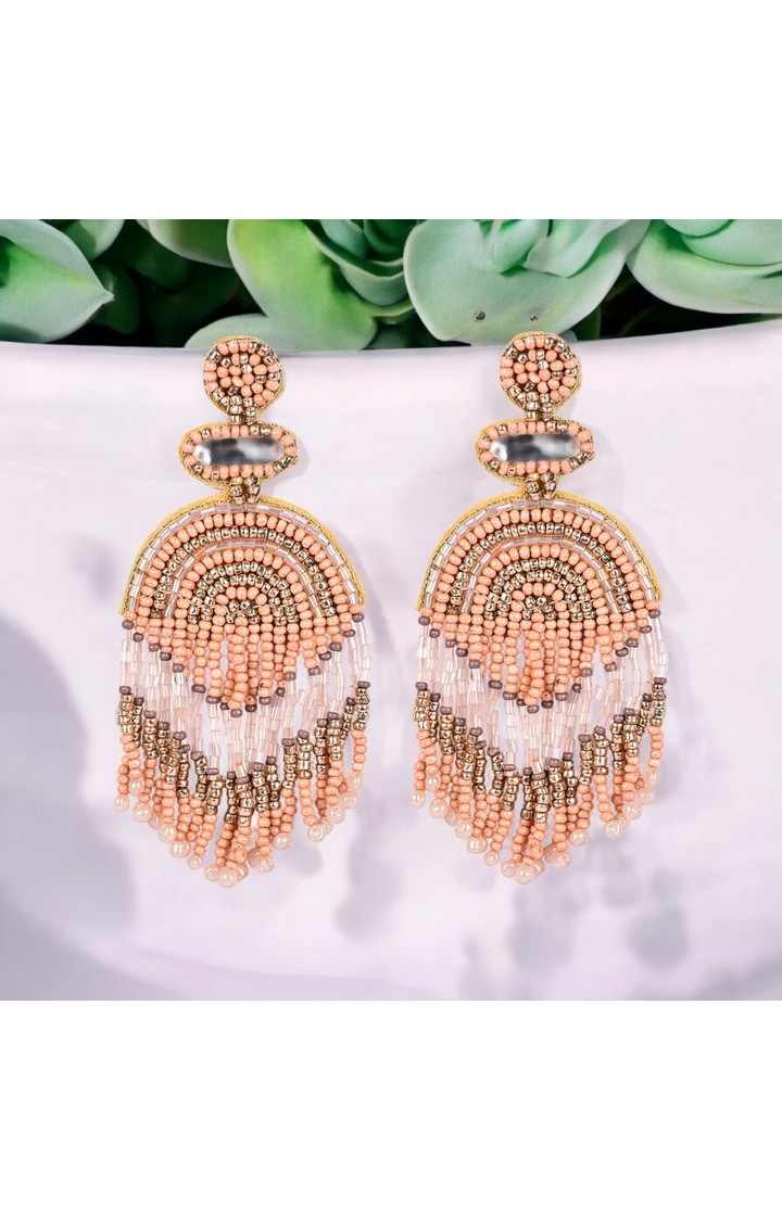 Boho Chic Beaded Dangle Earrings - Peach and Gold Statement Jewellery