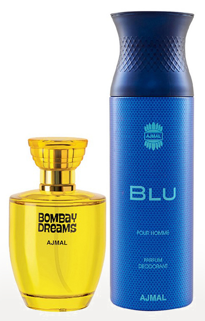 Ajmal Bombay Dreams EDP Fruity Perfume 100ml for Women and Blu Homme Deodorant Aquatic Fragrance 200ml for Men