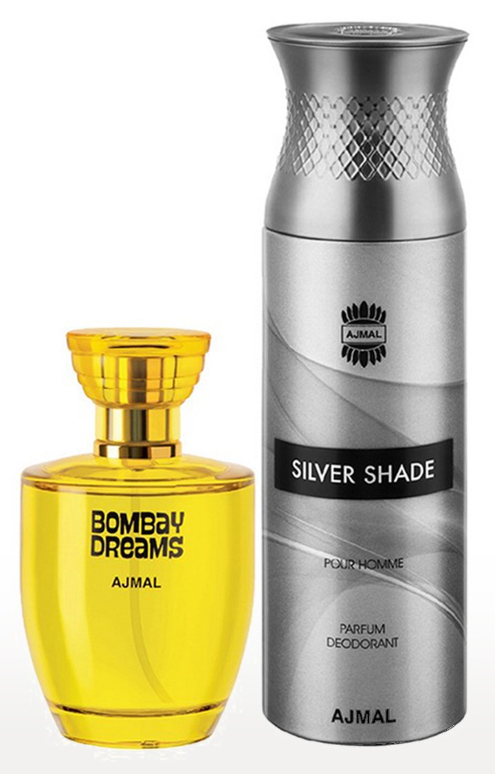 Ajmal Bombay Dreams EDP Fruity Perfume 100ml for Women and Silver Shade Homme Deodorant Fragrance 200ml for Men
