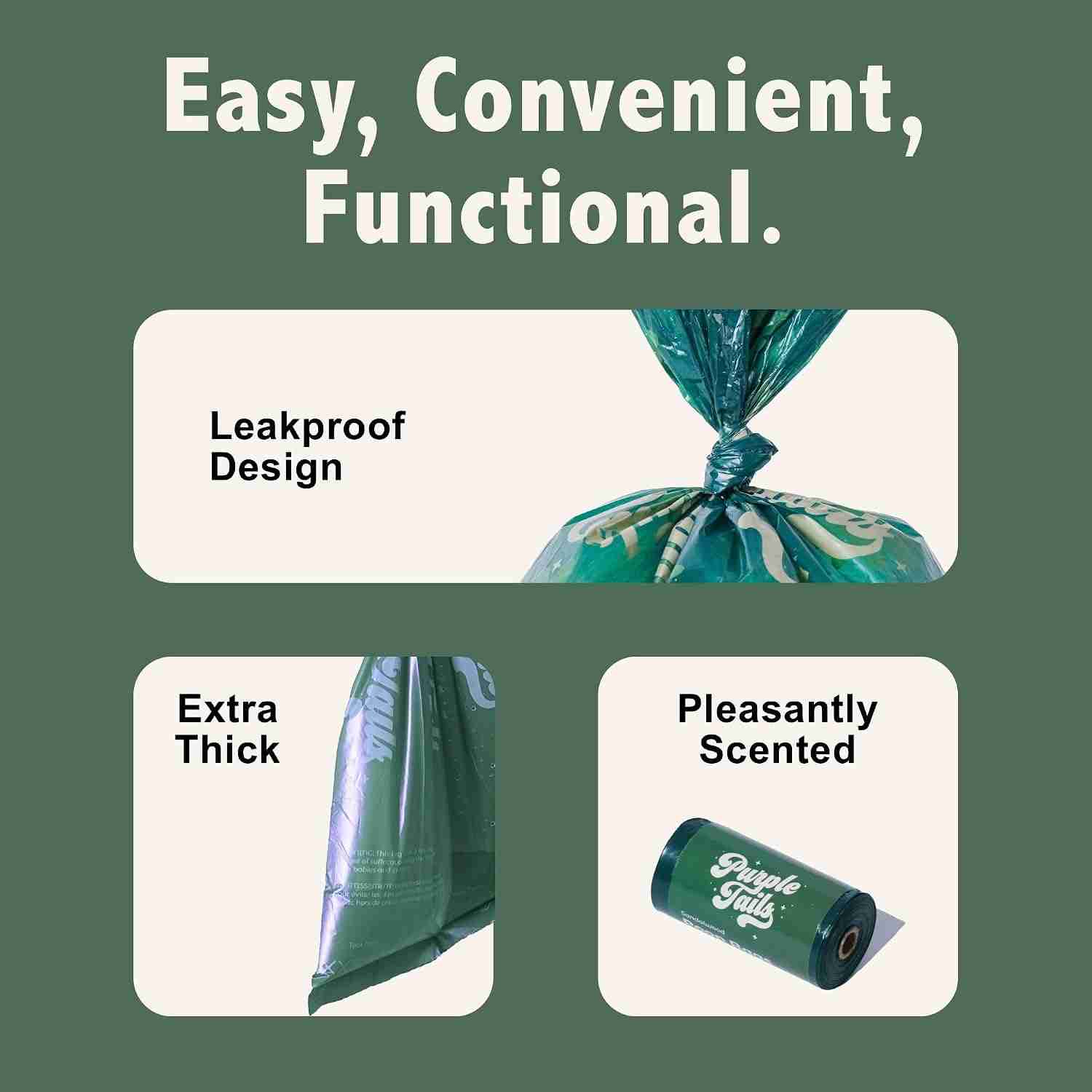Purple Tails Poop Bags Sandalwood Scented for Dogs 4 Rolls (Green)