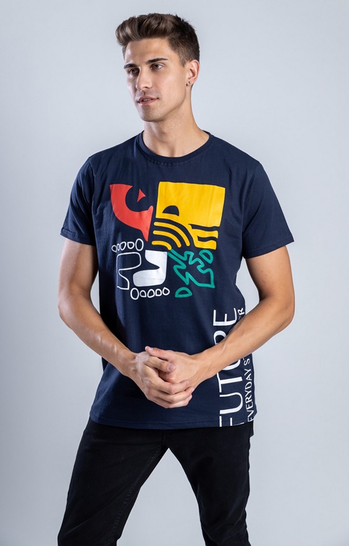One For Blue | Men's The Harmony of Life Blue Cotton Regular T-Shirts