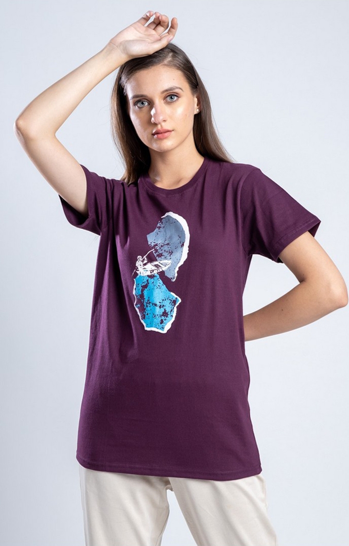 One For Blue | Women's Sail the boat Purple Cotton Regular T-Shirts