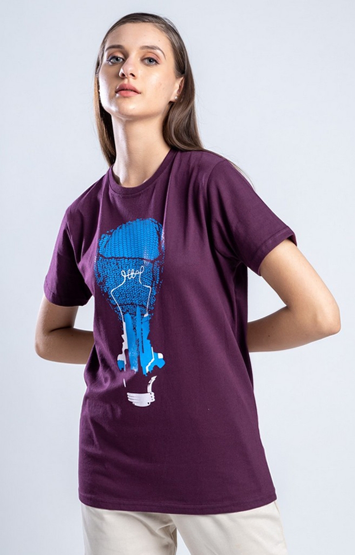 One For Blue | Women's World of Illusion Purple Cotton Regular T-Shirts