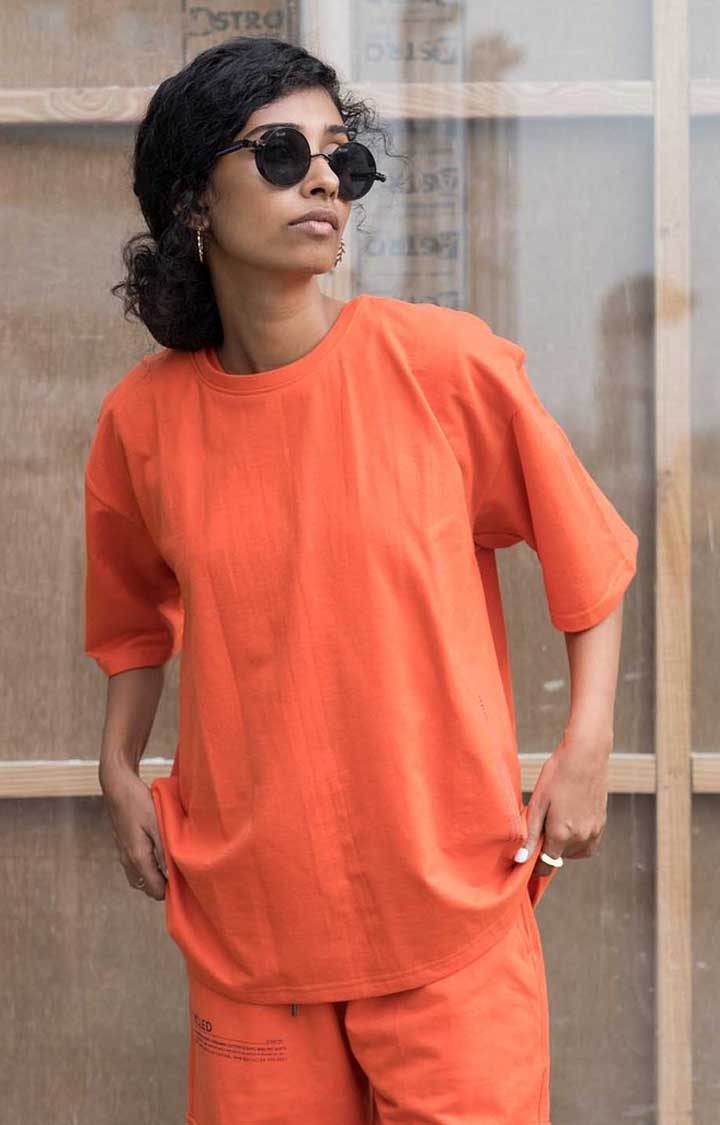 One For Blue | Women's Tangerine oversized T-shirt Orange Cotton Boxy T-Shirt