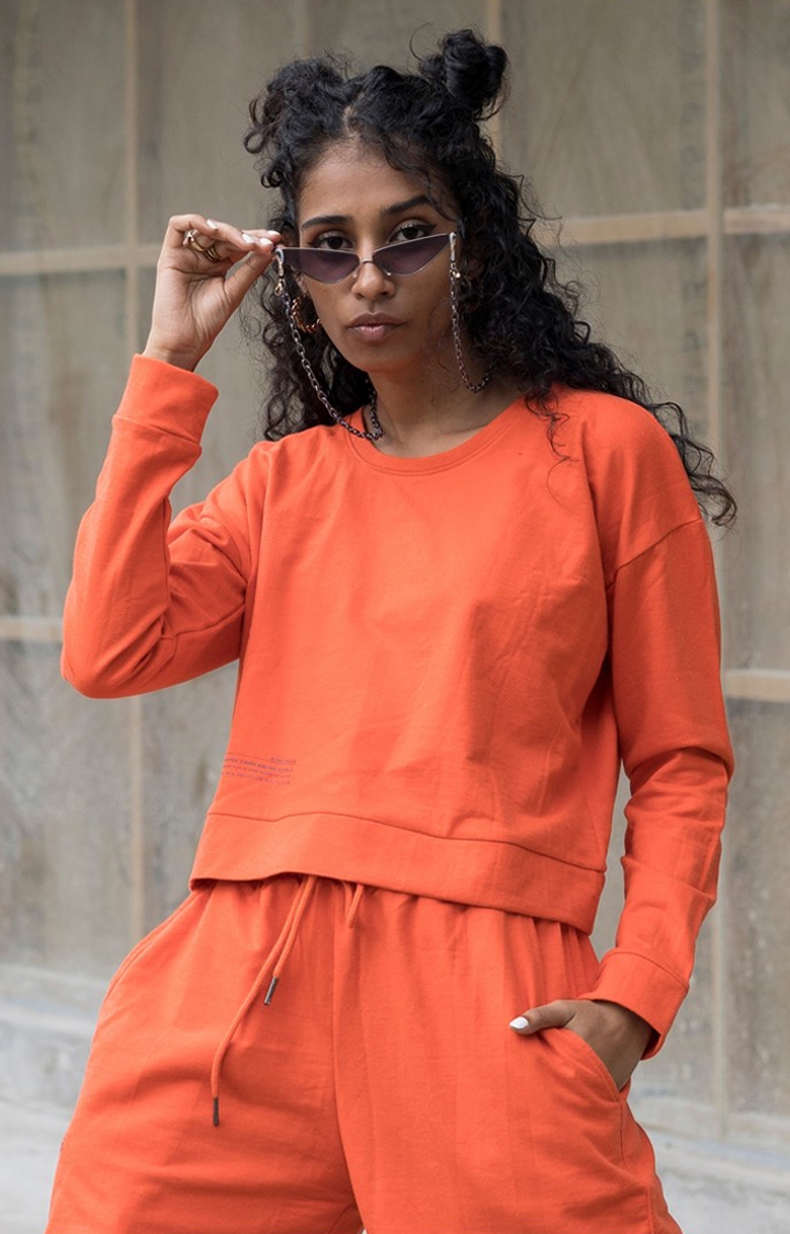 One For Blue | Women's Tangerine crop top Orange Cotton Sweatshirts