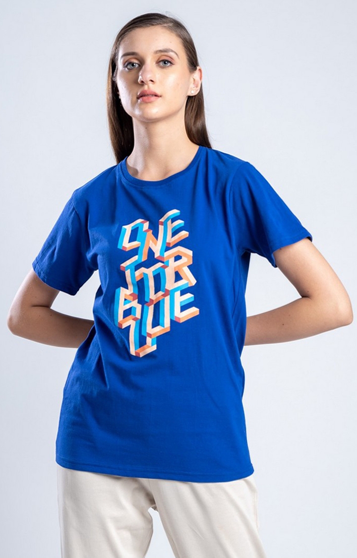One For Blue | Women's The Tetris Blue Cotton Activewear T-Shirts