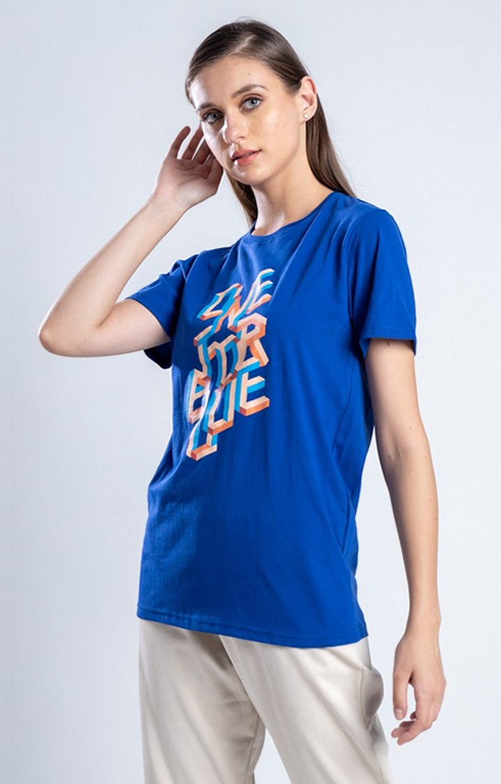 Women's The Tetris Blue Cotton Activewear T-Shirts