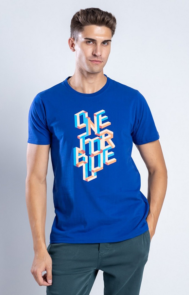 One For Blue | Men's The Tetris Blue Cotton Activewear T-Shirts