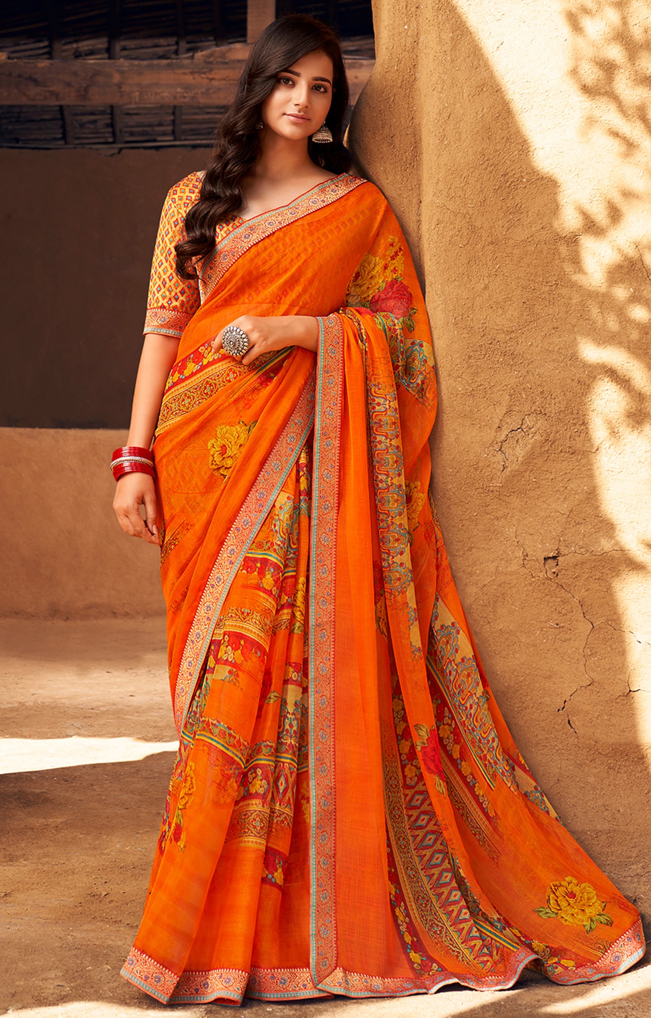 Women Orange Chiffon Printed Saree-S_L21SHUBHLABH31002SSR01