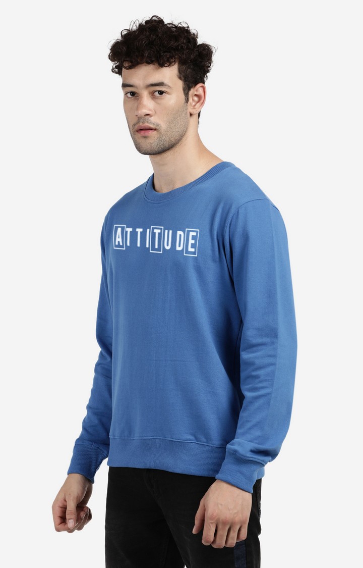 Men's Round Neck Blue Typographic Sweatshirt