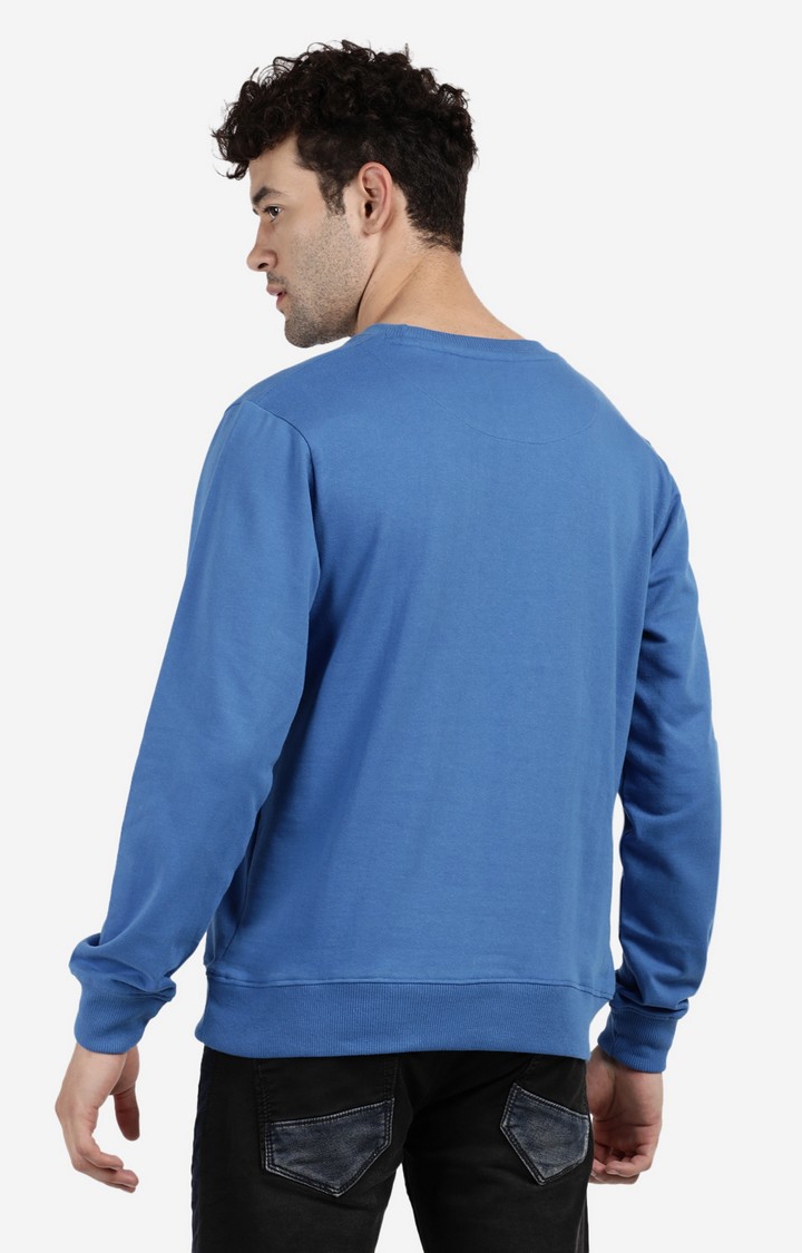 Men's Round Neck Blue Typographic Sweatshirt