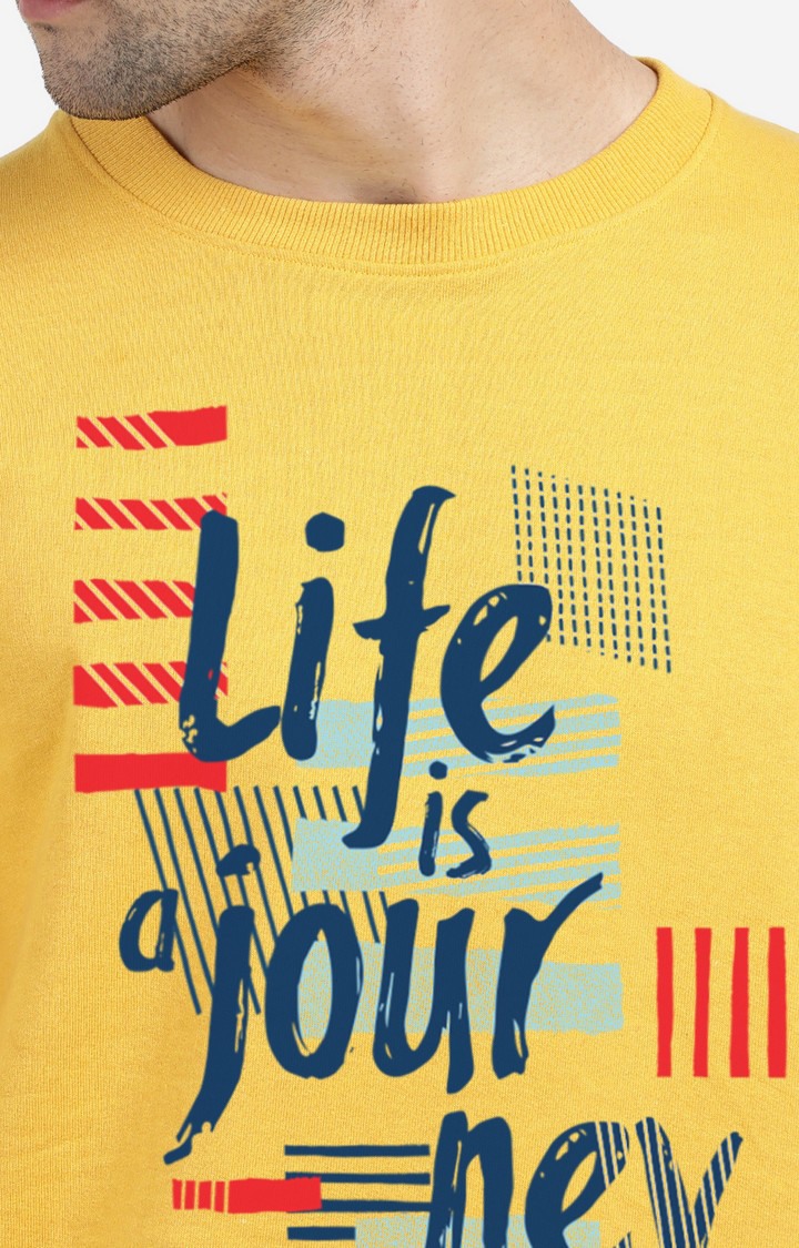 Men's Round Neck Typographic Yellow Sweatshirt