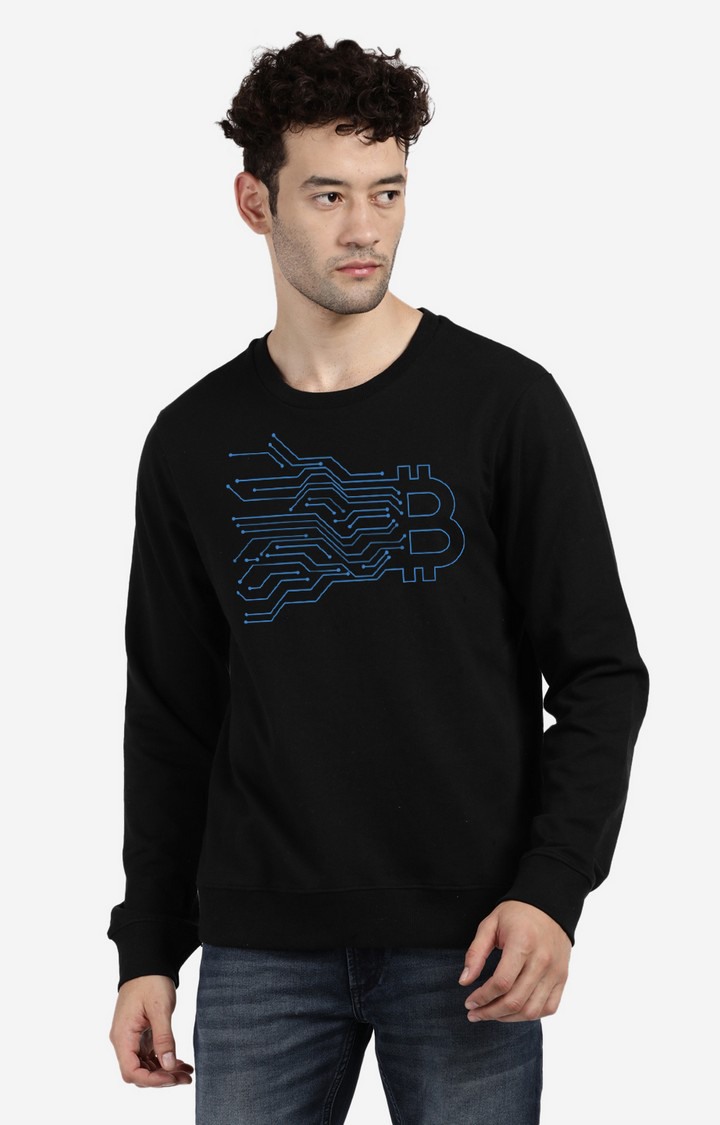 Men's Round Neck Black Graphic Printed Sweatshirt
