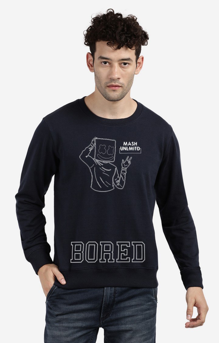 Men's Round Neck Graphic Printed Navy Sweatshirt
