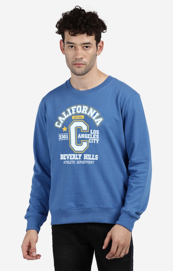 Men's Round Neck Typographic Blue Sweatshirt
