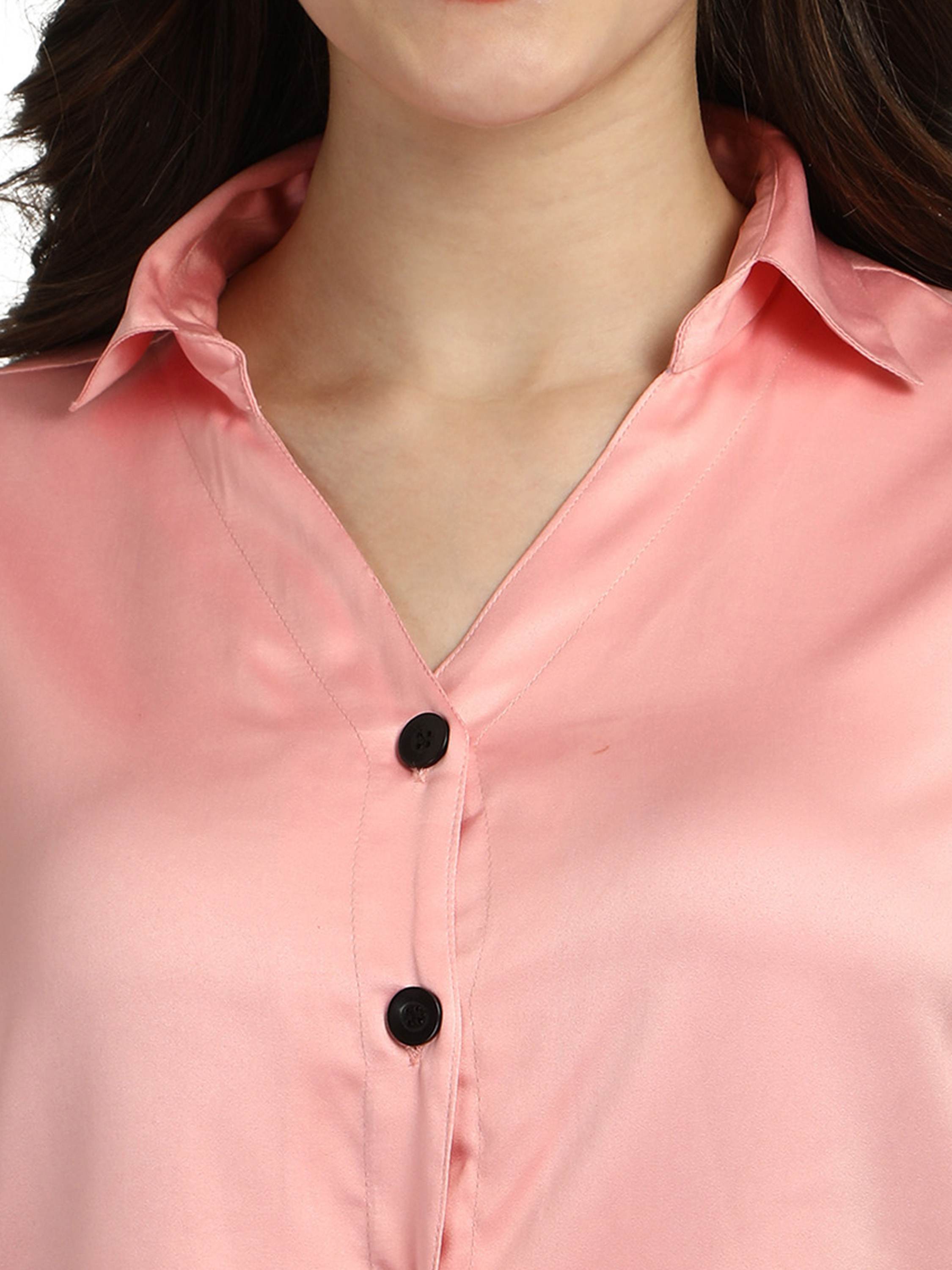 women's silk satin baby pink color button down tie up frill sleeves shirt. 