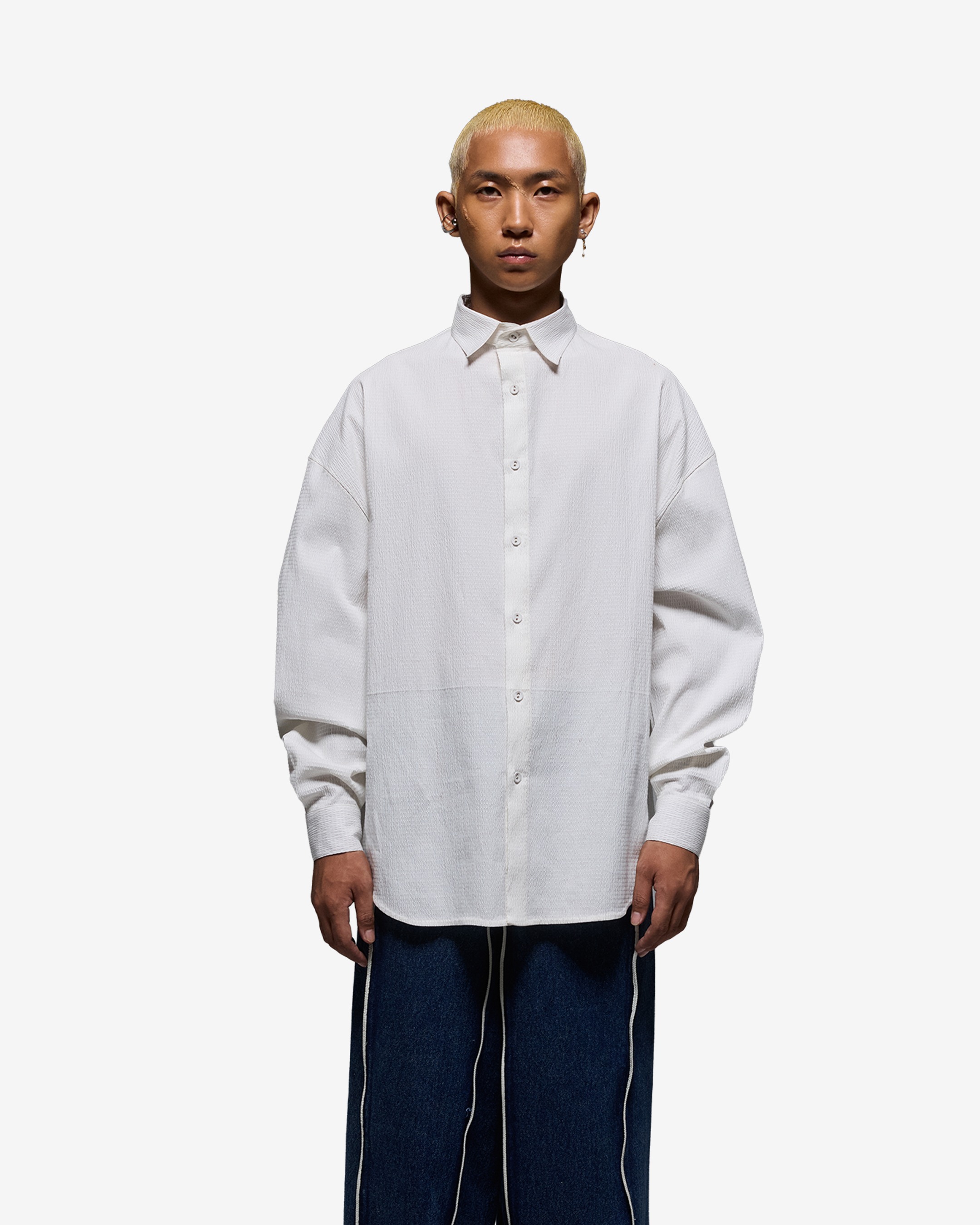 Drop Shoulder White White Crepe Shirt