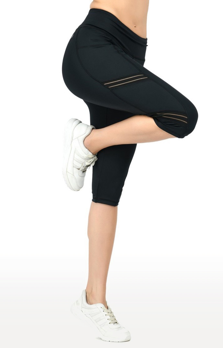 ZIPPOX Women Solid Slim Fit Nylon Lycra Capri Leggings (Black)Pack of 2