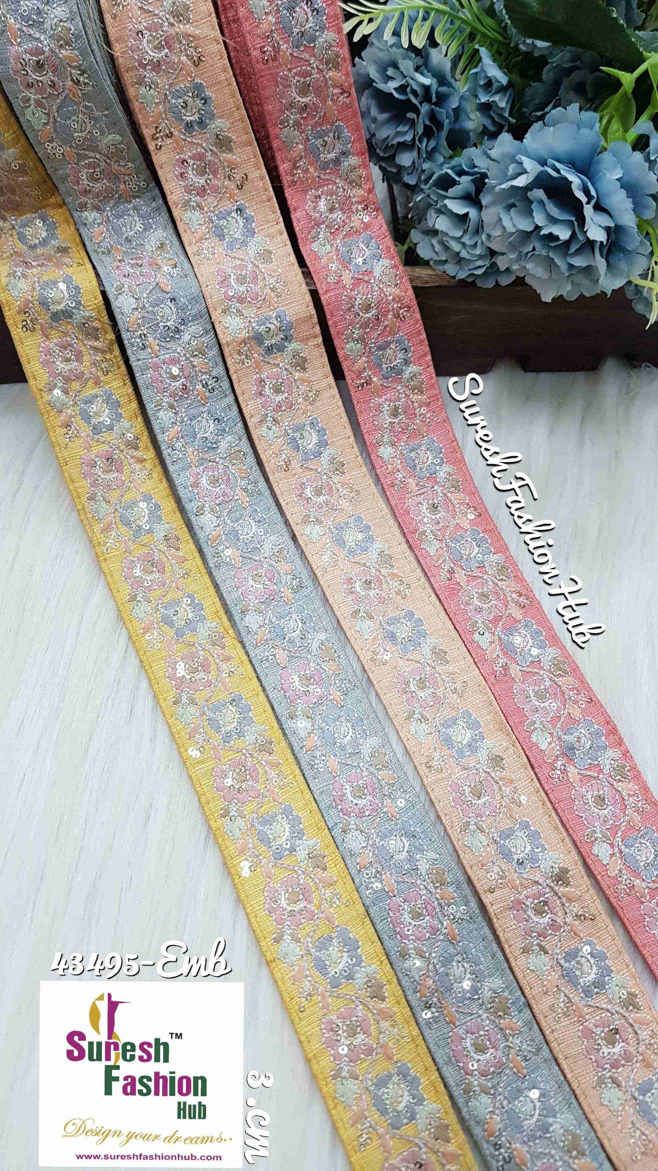 Threaded Flower Bouquet Pink Fabric Sequin Edging Embroidered Trim
