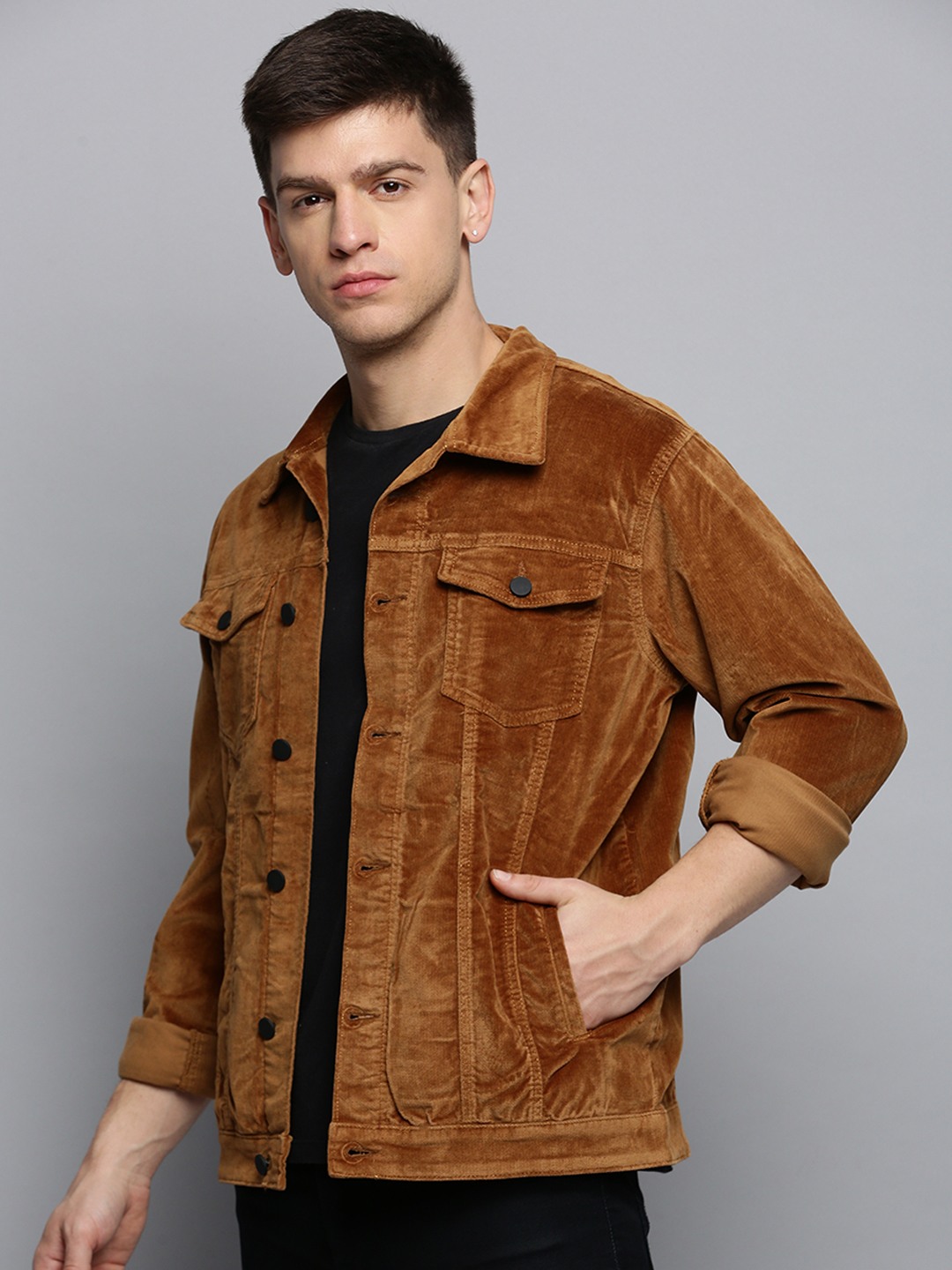 SHOWOFF Men's Spread Collar Solid Khaki Open Front Jacket