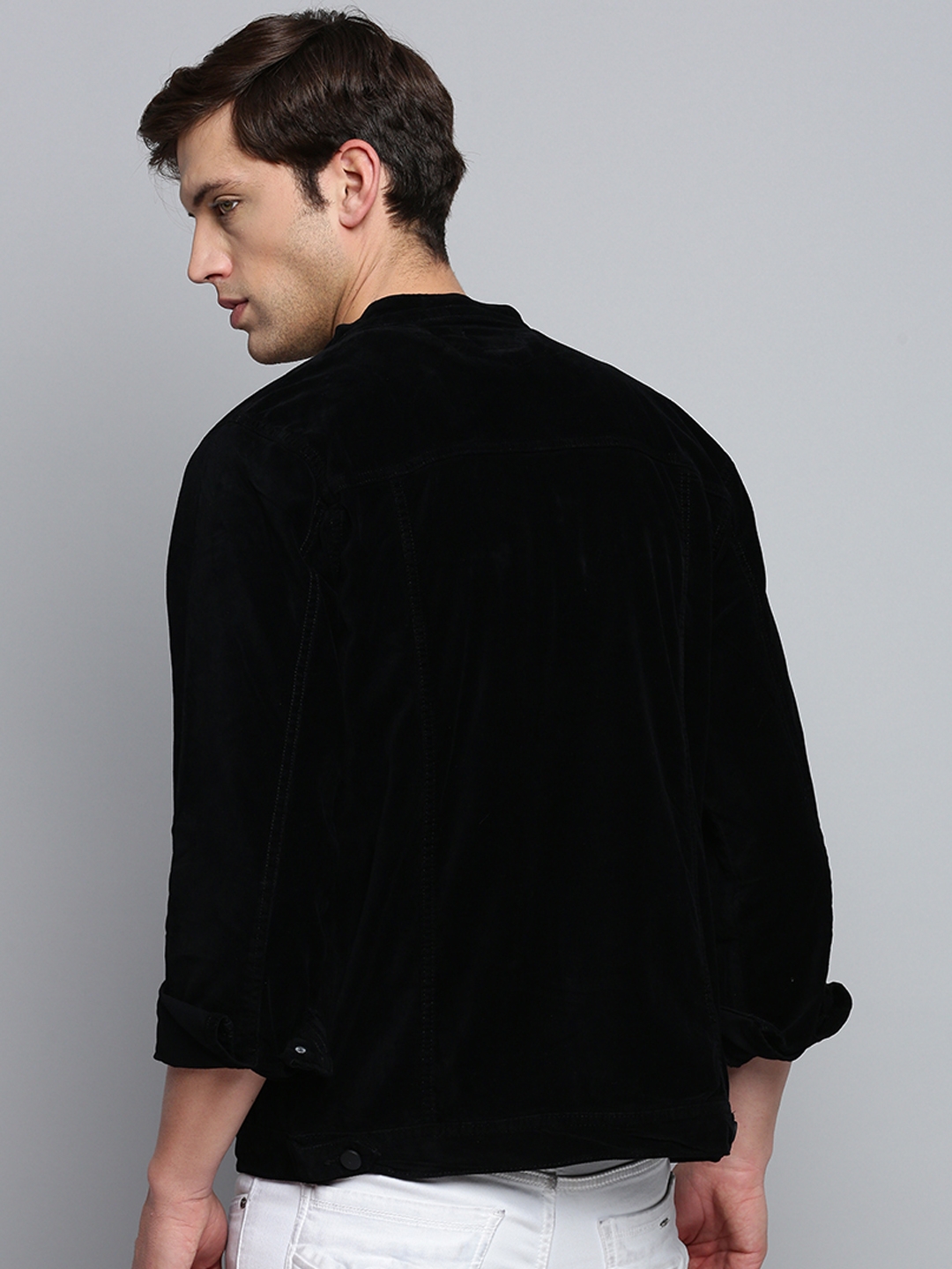 Showoff | SHOWOFF Men's Mandarin Collar Solid Black Open Front Jacket 3