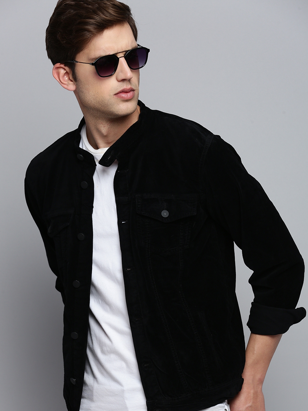 Showoff | SHOWOFF Men's Mandarin Collar Solid Black Open Front Jacket 0