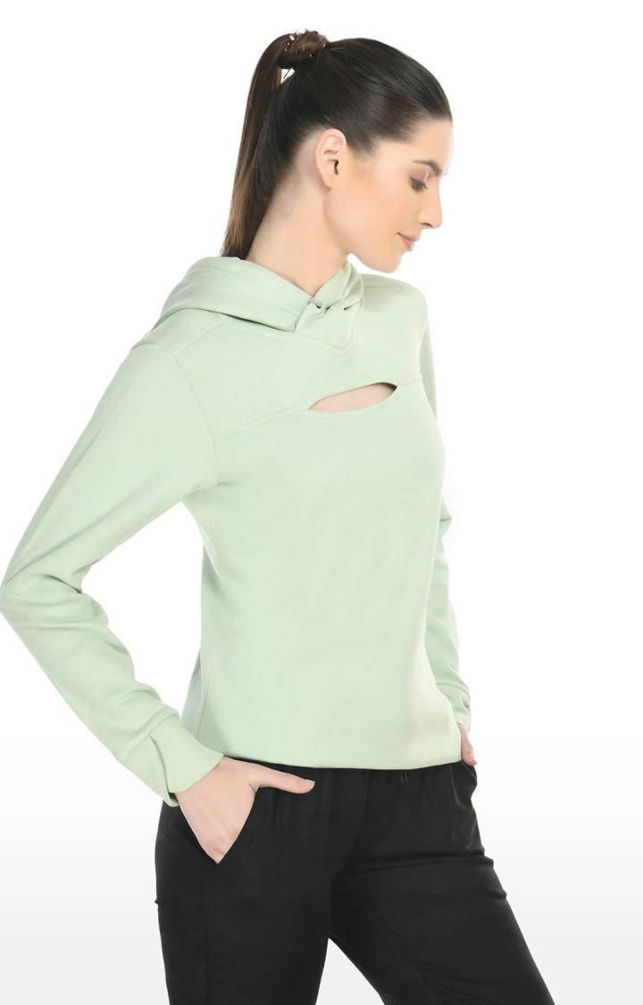 Women's Solid Pastel Green Slit Fleece Hoodie