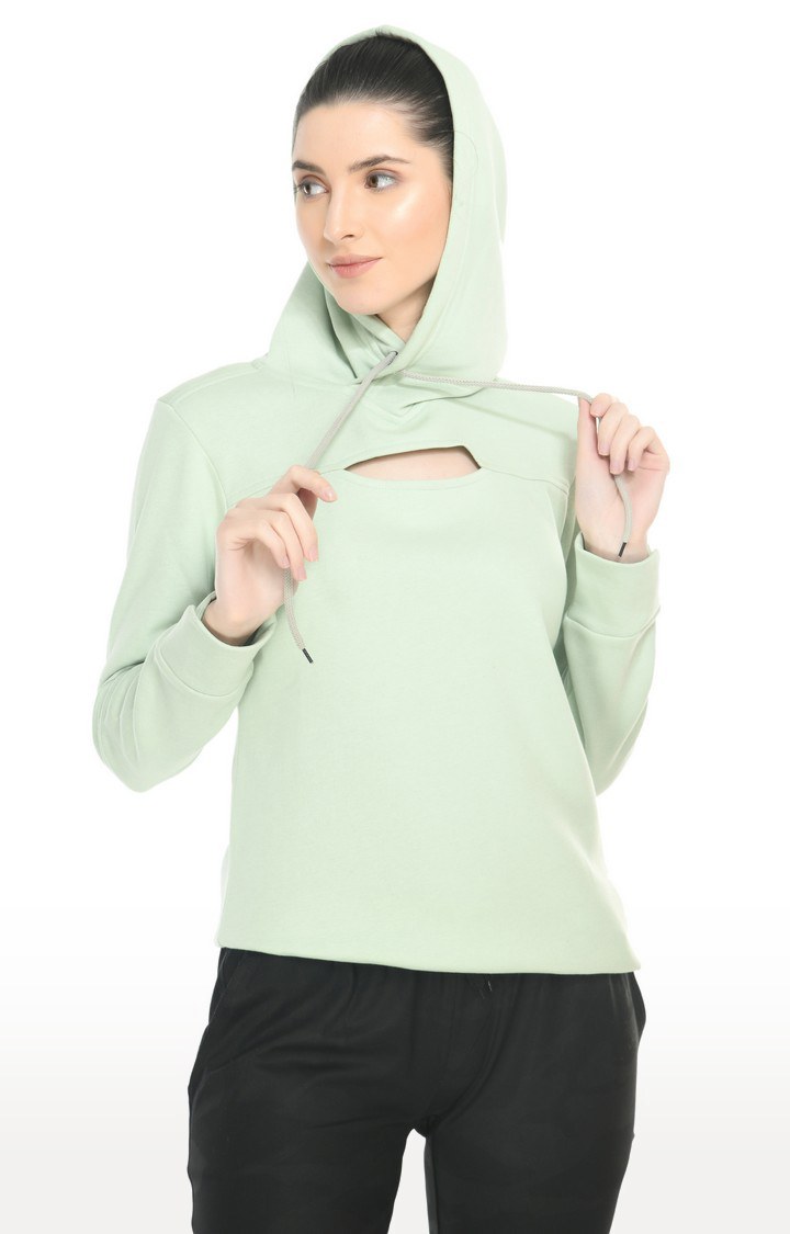 Women's Solid Pastel Green Slit Fleece Hoodie