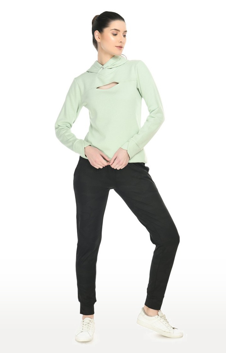 Women's Solid Pastel Green Slit Fleece Hoodie