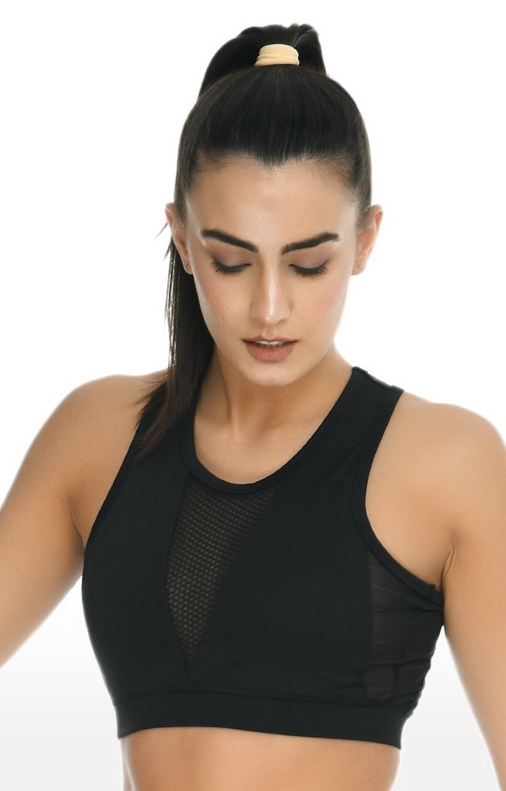 Women's Black Mesh Infinity Racerback Activewear Crop Top