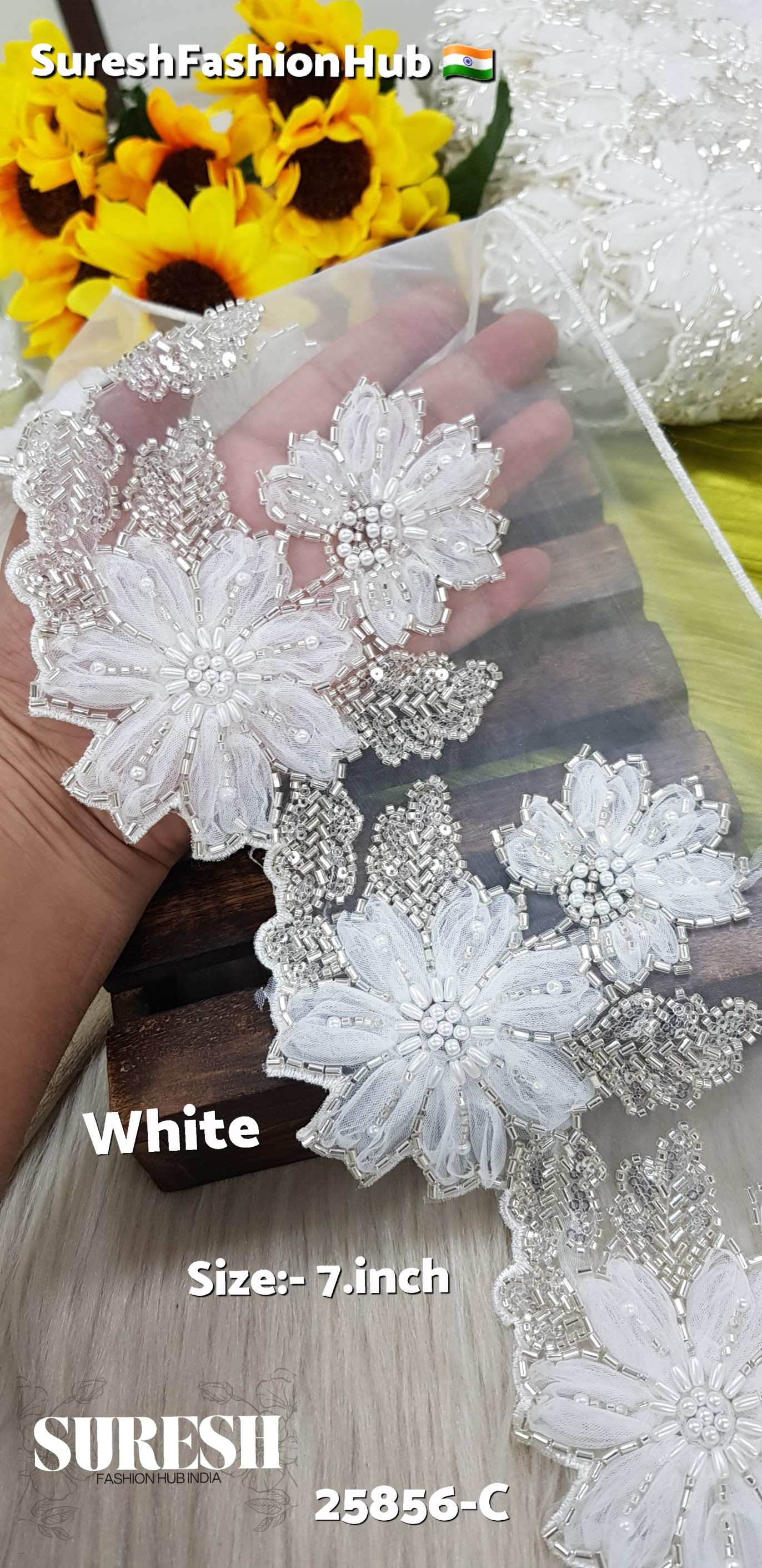Imported White Floral Cutdana & Pearl Organza Lace