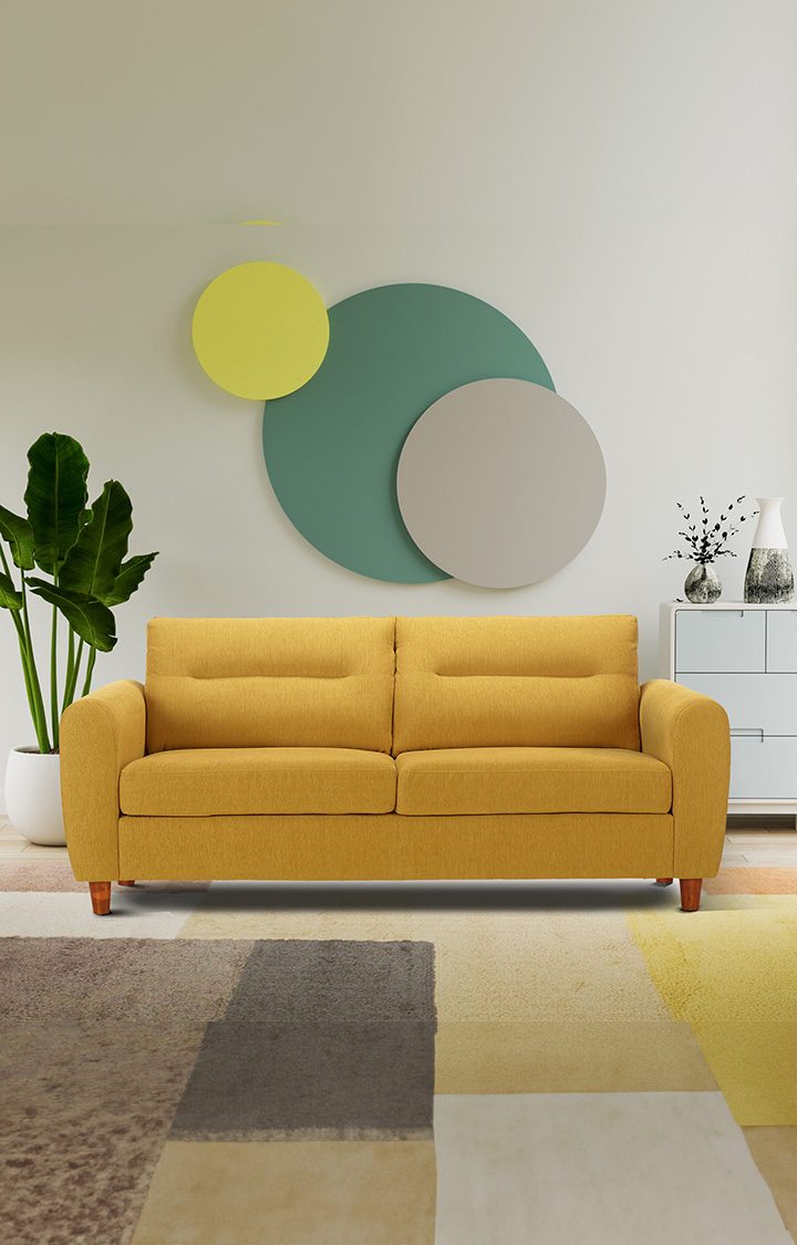 neudot Scott Sofa for Living Room |3 Persons Sofa|Premium Fabric with Cushioned Armrest | Solid Wood Frame|3 Seater in Husky Yellow Color