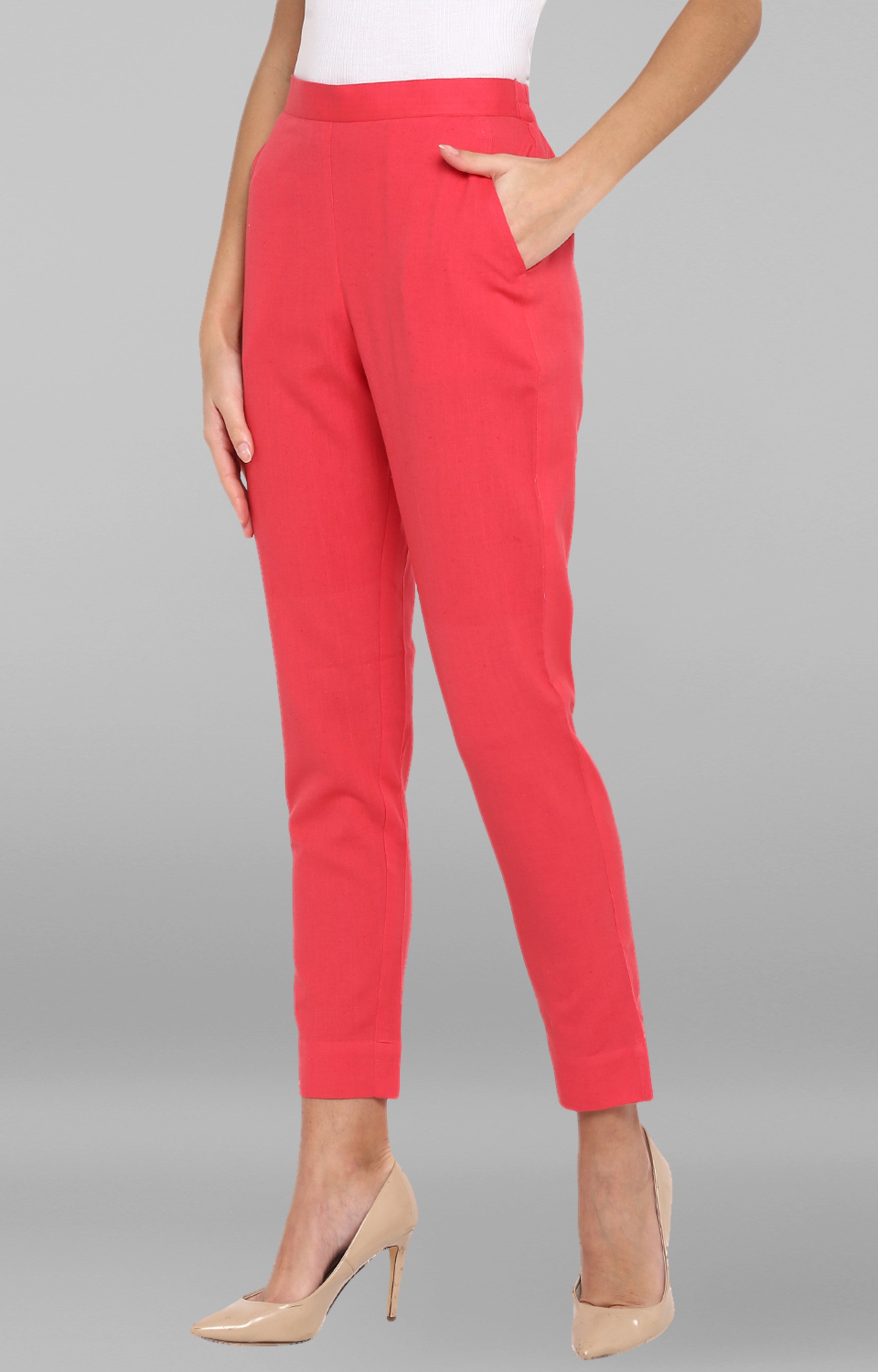 Janasya | Janasya Women's Pink Solid Pure Cotton Narrow Pant 2