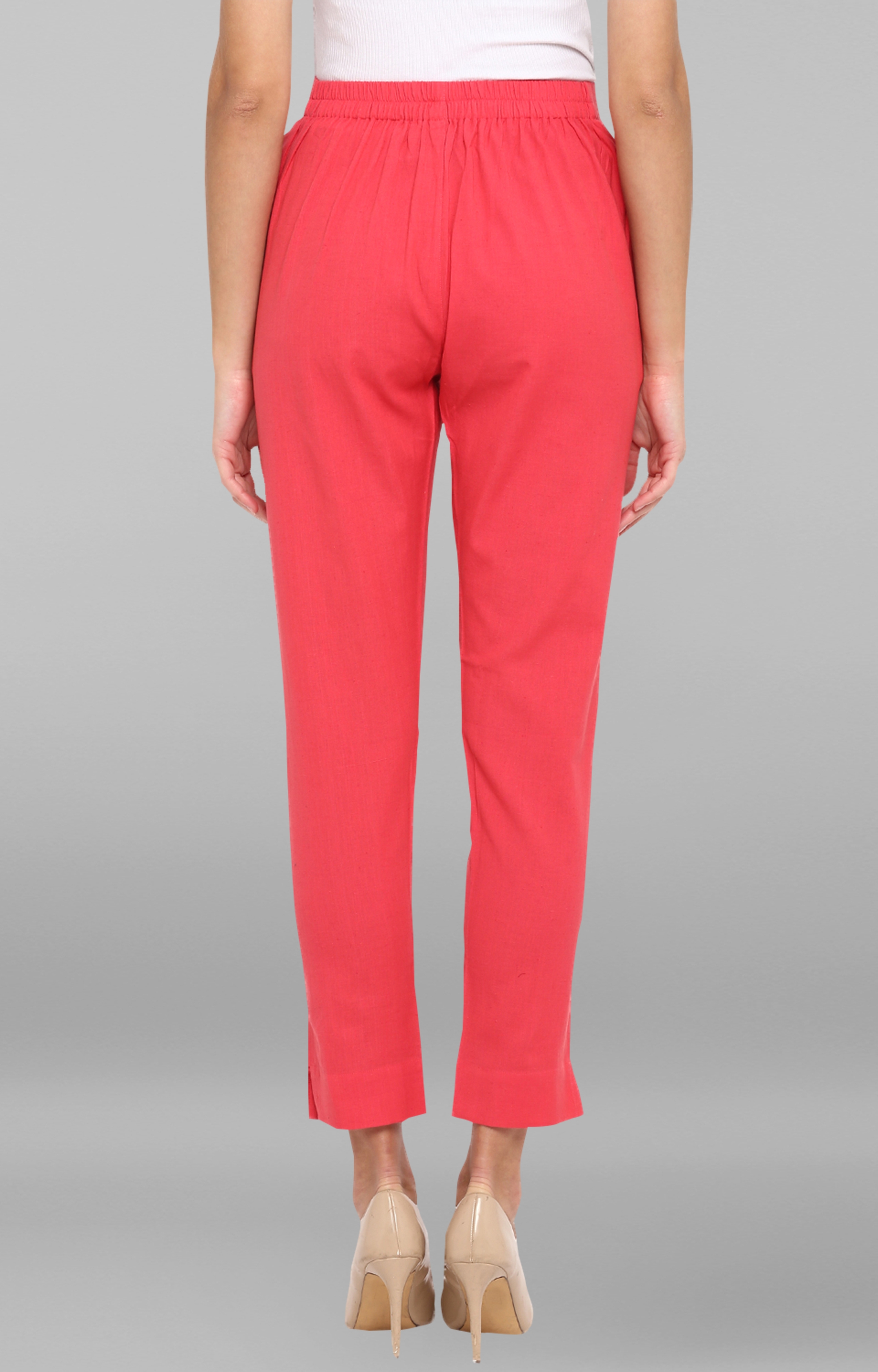 Janasya | Janasya Women's Pink Solid Pure Cotton Narrow Pant 3