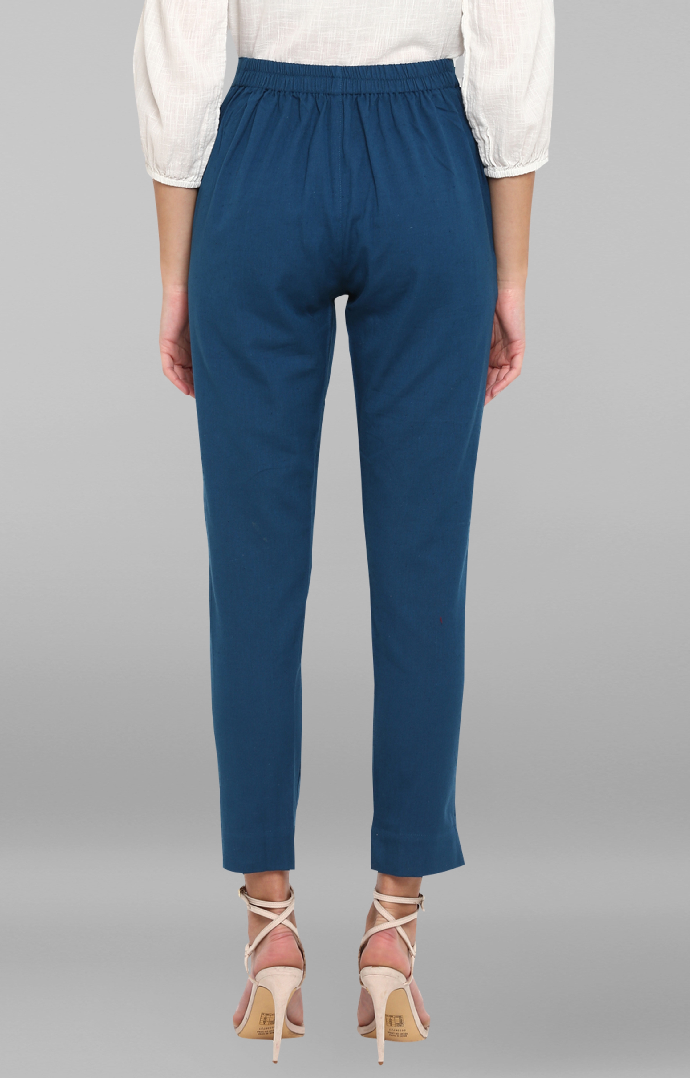Janasya | Janasya Women's Turquoise Blue Solid Pure Cotton Narrow Pant 3