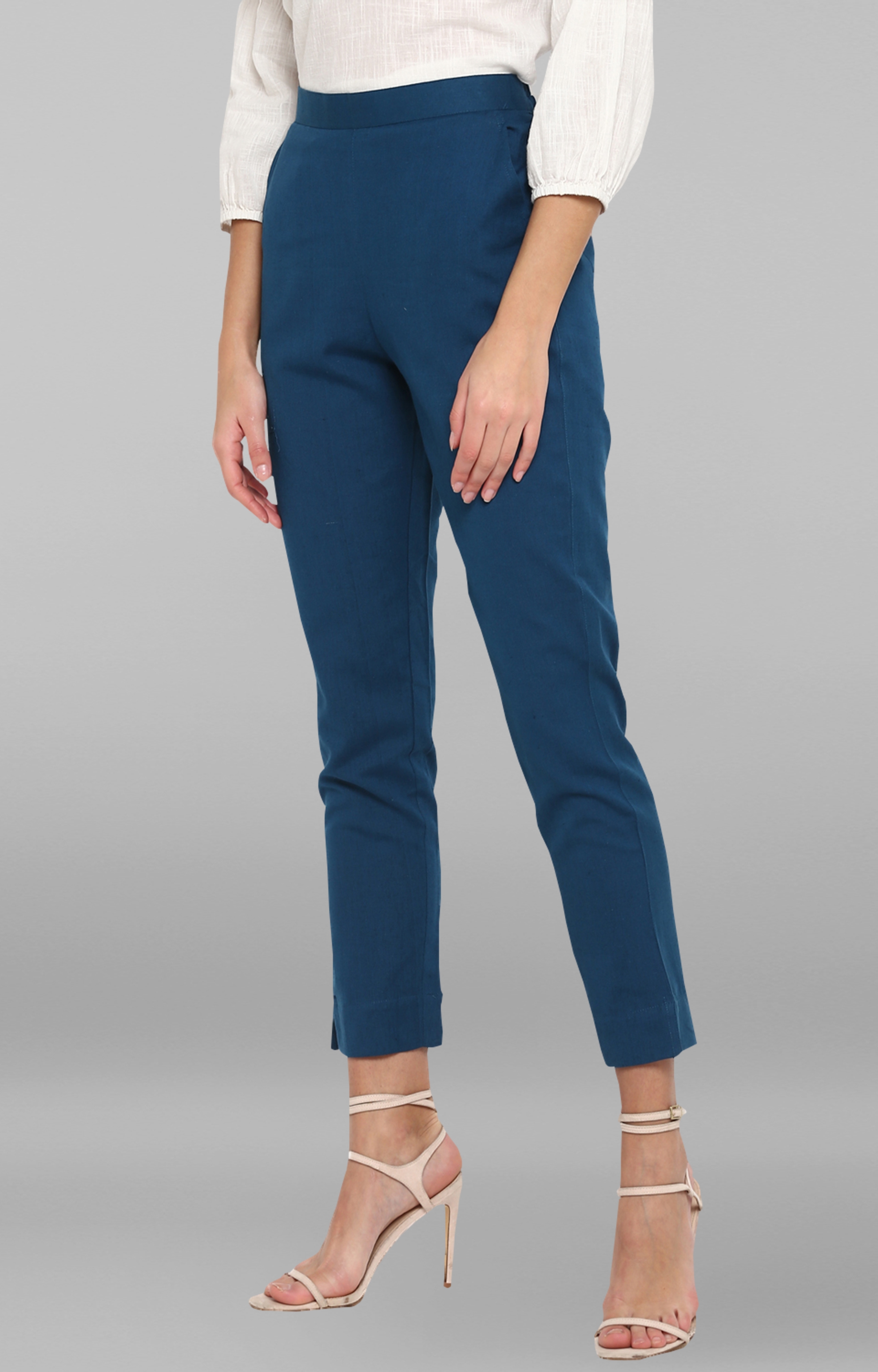 Janasya | Janasya Women's Turquoise Blue Solid Pure Cotton Narrow Pant 2