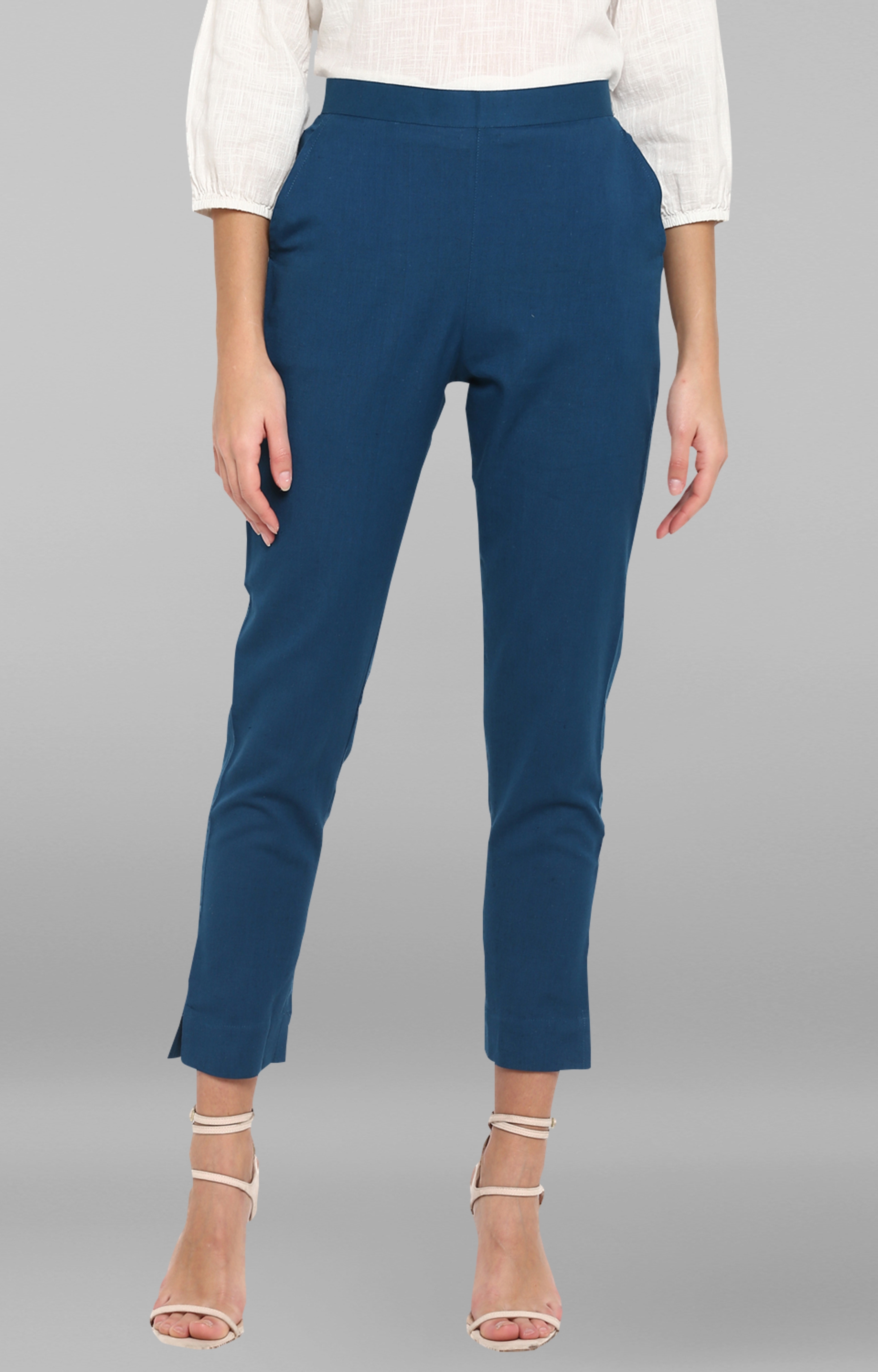 Janasya | Janasya Women's Turquoise Blue Solid Pure Cotton Narrow Pant 0