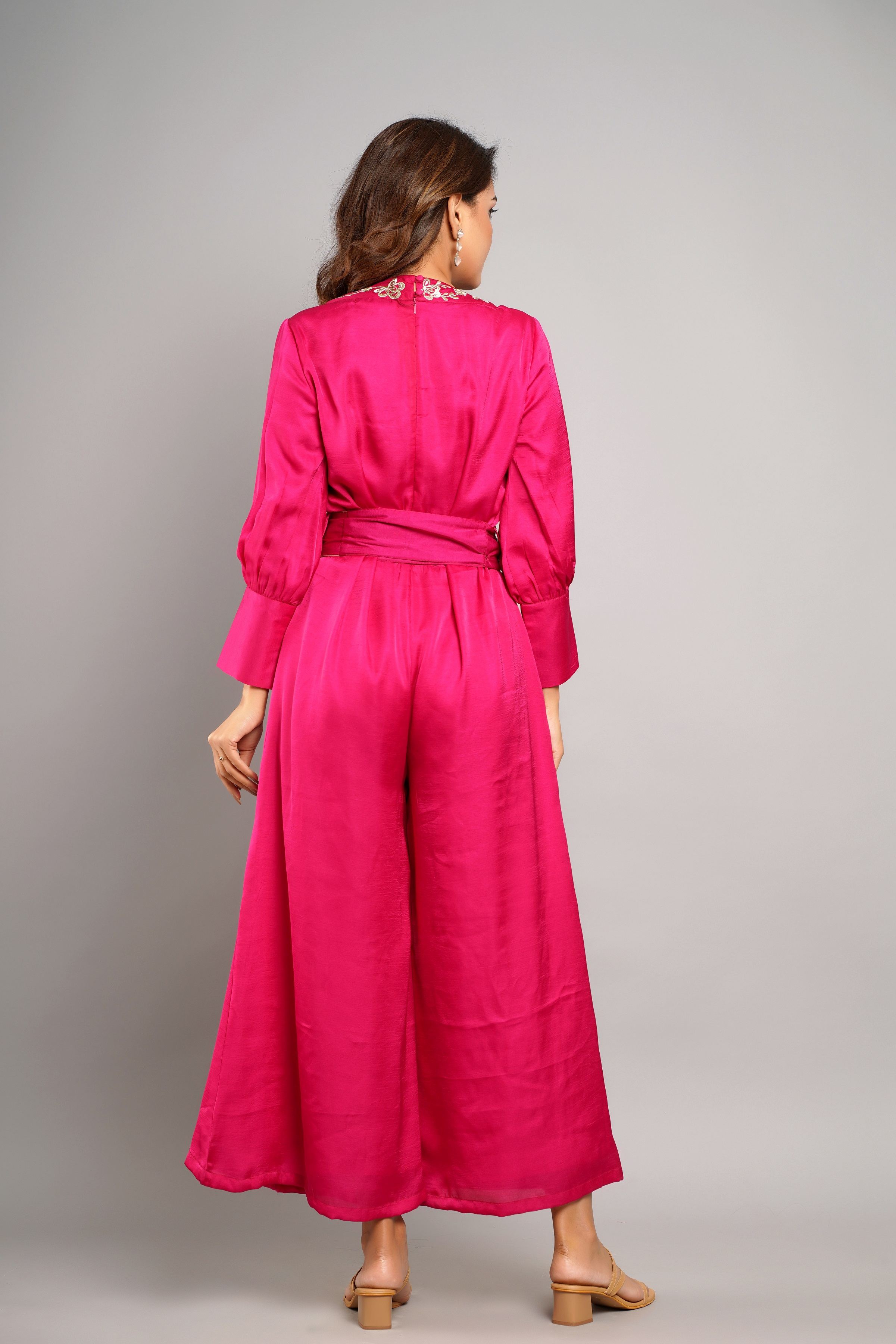 PINK EMBROIDERY WORK ON COLLAR AND EMBROIDERED BEL JUMPSUIT