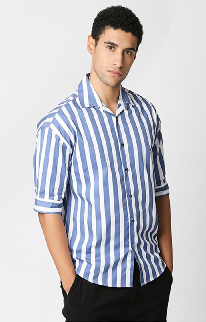 Men Blue and White Striped Casual Shirts