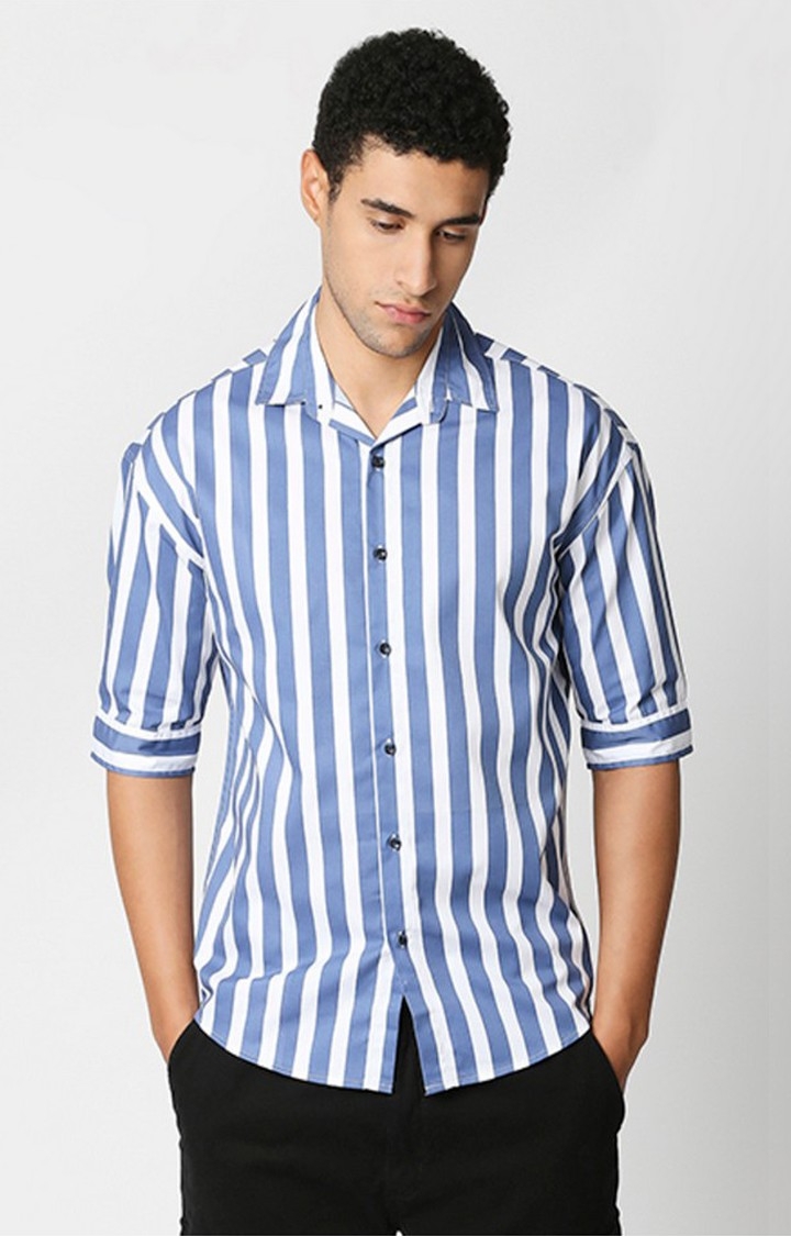 Hemsters | Men Blue and White Striped Casual Shirts
