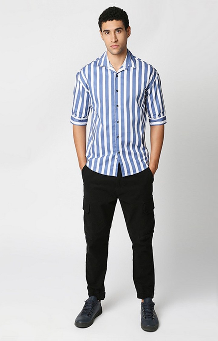 Men Blue and White Striped Casual Shirts