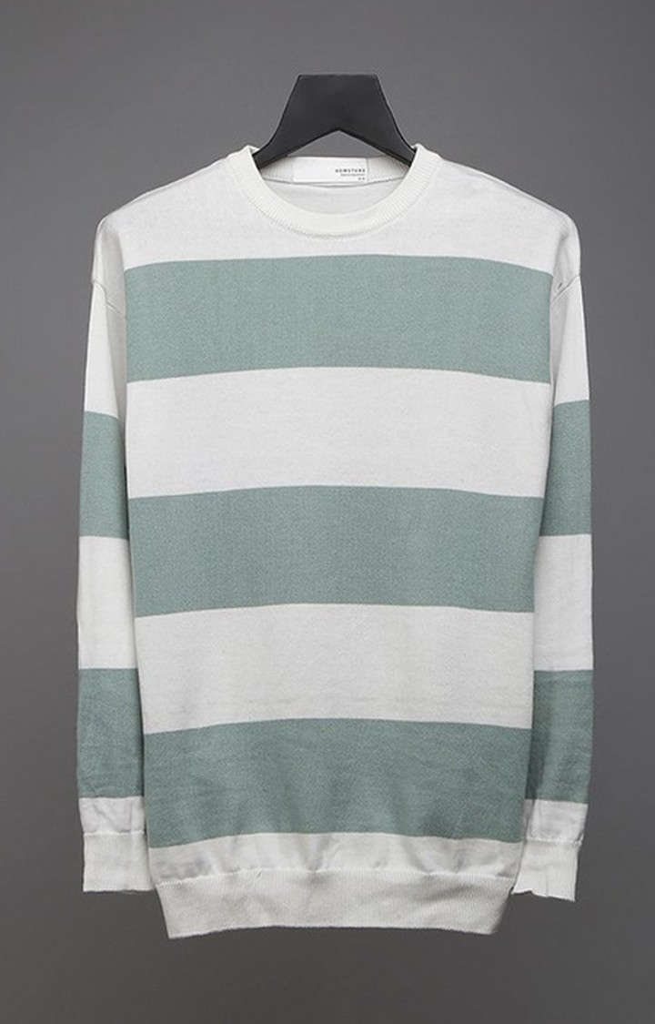 Hemsters | Men White and Green Striped Sweatshirts
