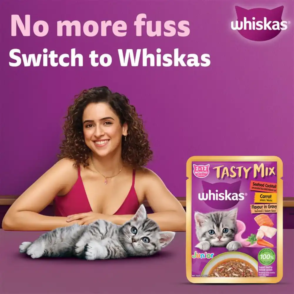 Whiskas Tasty Mix Junior Pouch Seafood Cocktail Carrot Flavor in Gravy for Cats 70g