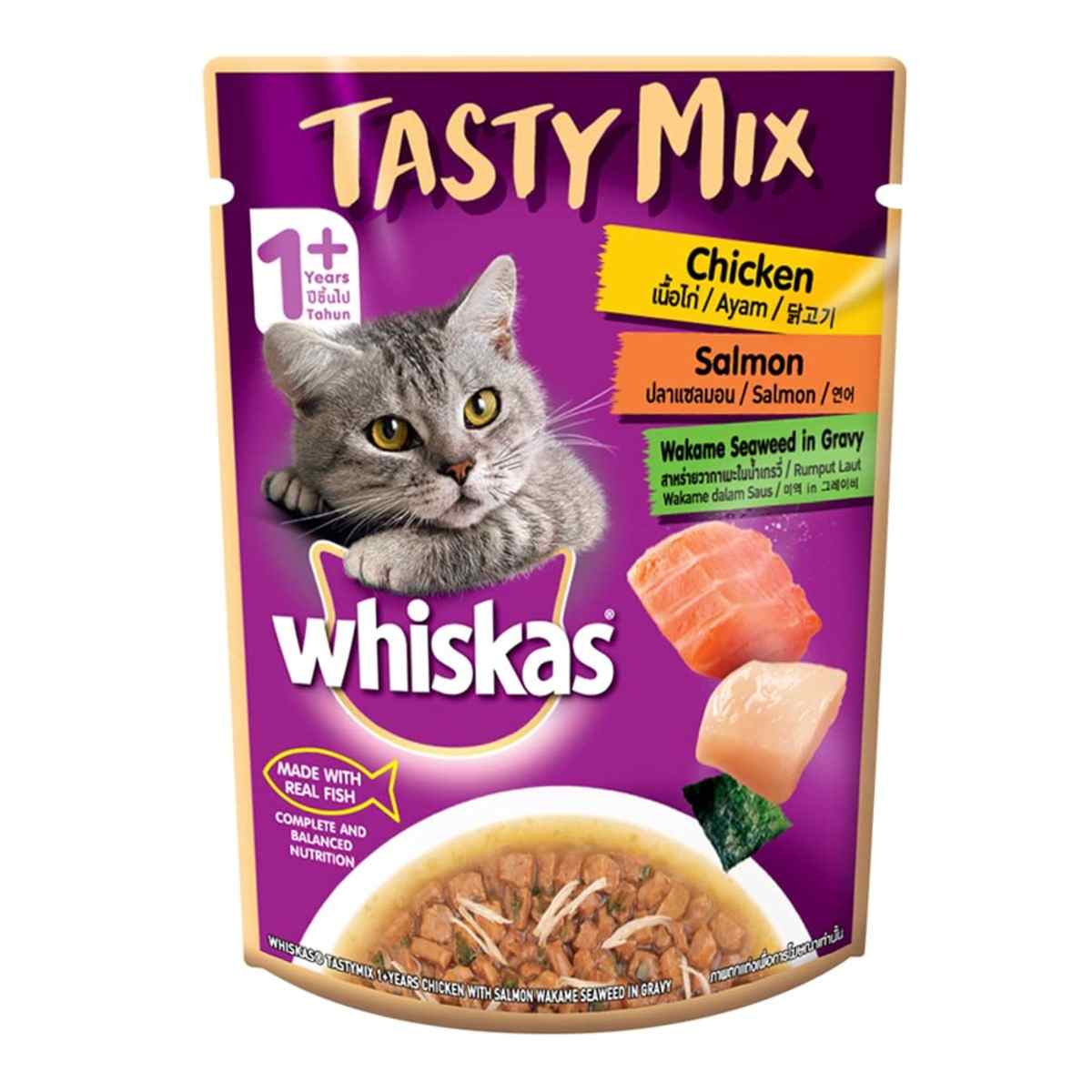 Whiskas Chicken Tuna Carrot - 70g (Pack of 12) & Whiskas Salmon wakame Chicken Seaweed - 70g (Pack of 12) & Whiskas Tuna Adult Wet Cat (1+ year) Food - 80g (Pack of 14) & Me-O Pouch Delight Tuna in Jelly- 70g (Pack of 48)