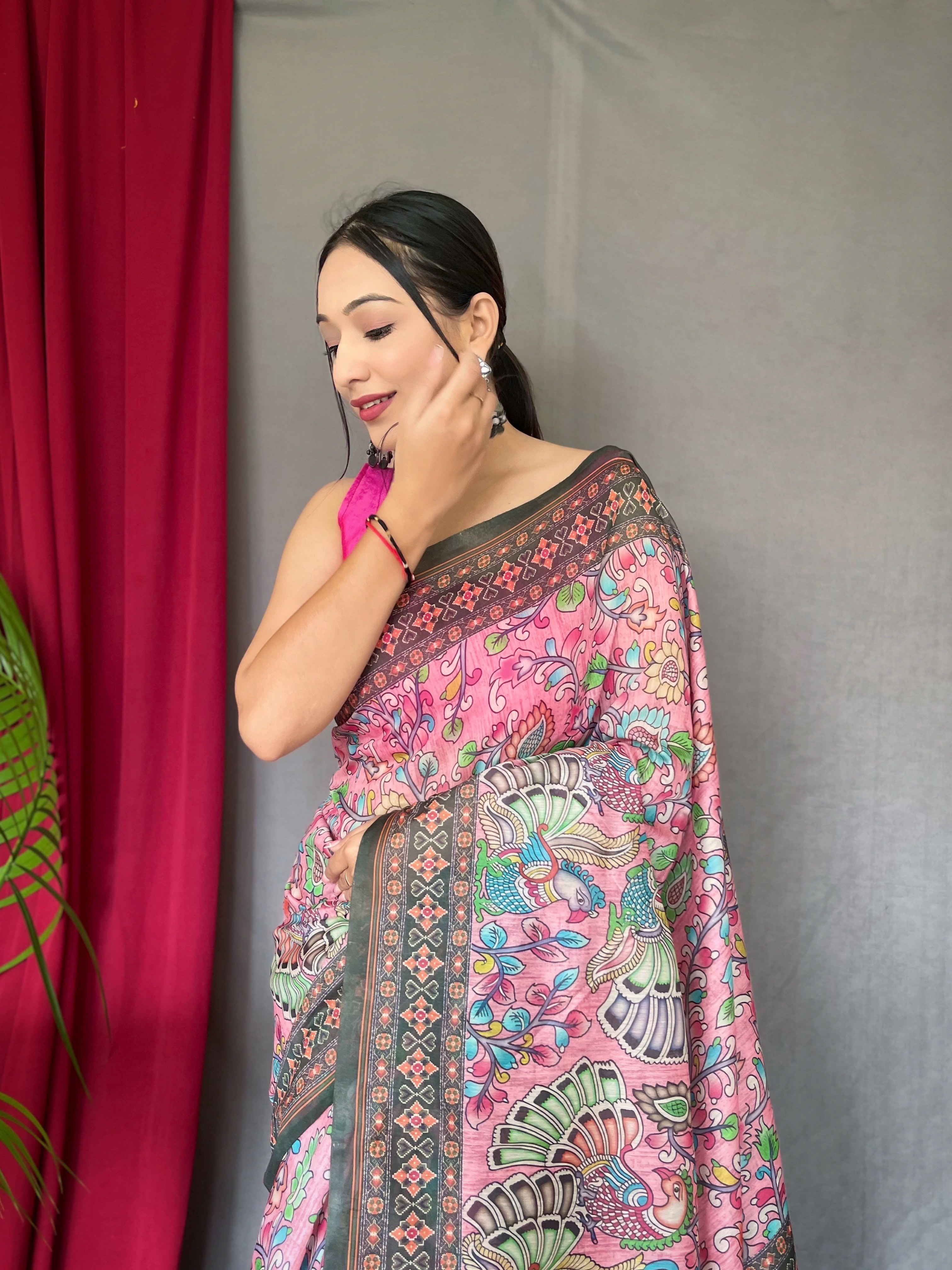 Women's Bandhani Kalam Pink Malai Cotton Saree