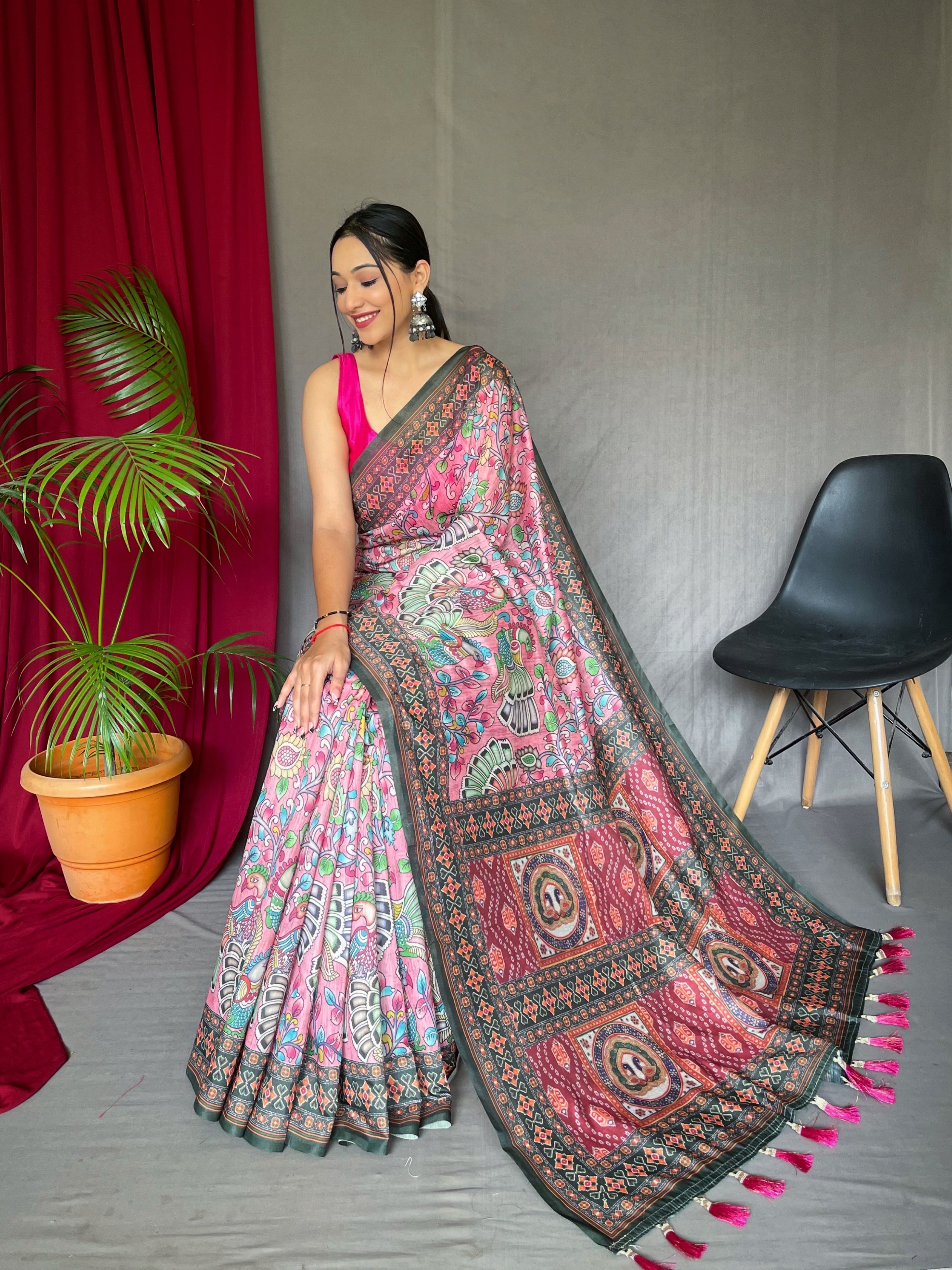 Women's Bandhani Kalam Pink Malai Cotton Saree